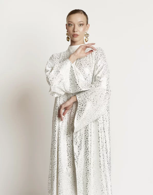 Close-up of front neckline and drape on Echo kimono highlighting subtle minimalist lines