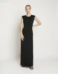Luna women's dress front view with soft round neckline, form-fitting silhouette, and refined calm elegance