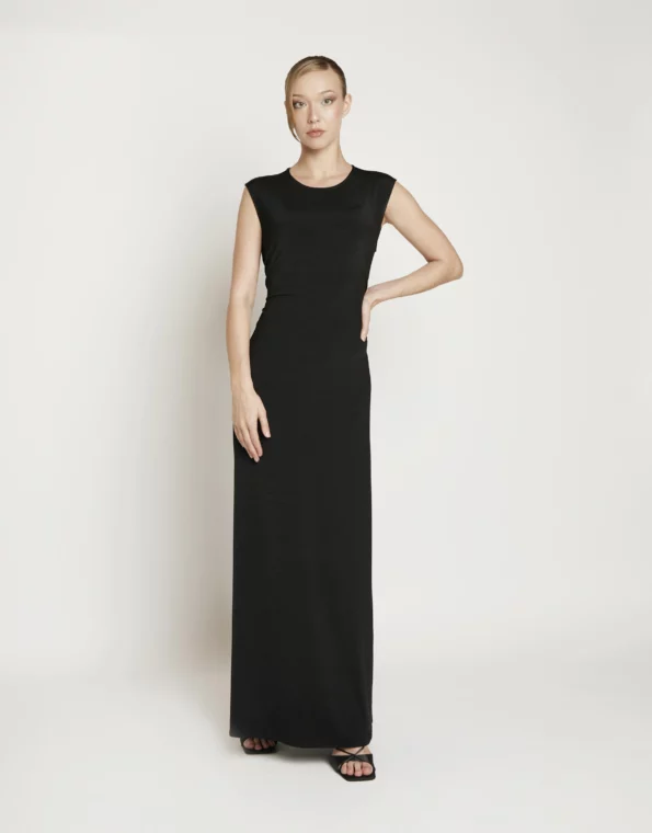 Luna women's dress front view with soft round neckline, form-fitting silhouette, and refined calm elegance