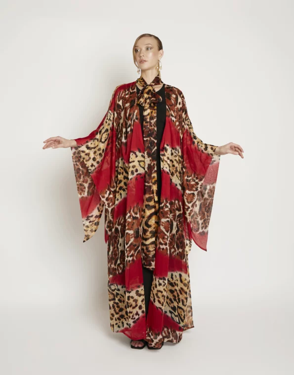 Quiet Fire kimono side-front view highlighting soft volume, flowing lines, and quiet intensity