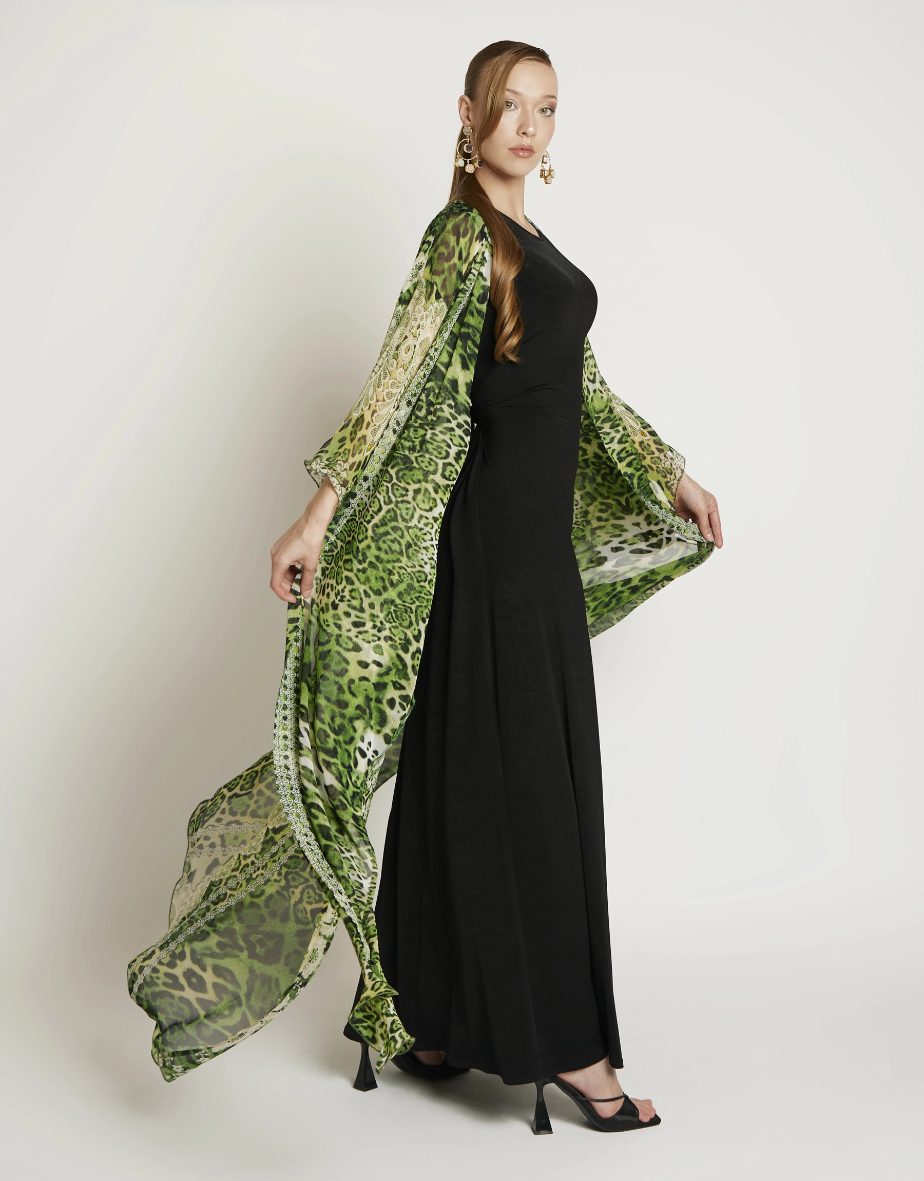 Secret Garden kimono side view 2 Secret Garden kimono alternate side view highlighting airy drape and gentle movement