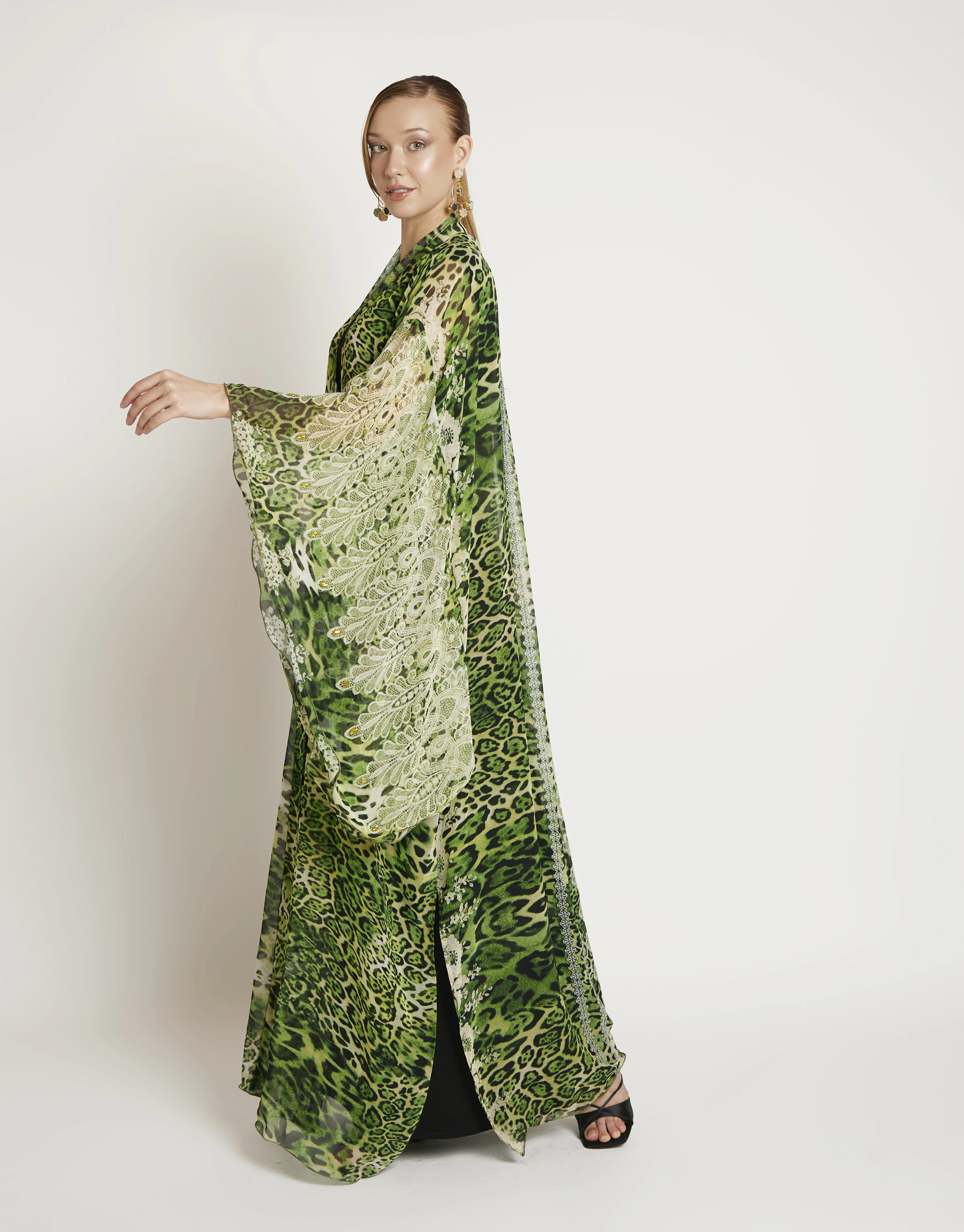 Secret Garden kimono side view 1 Secret Garden kimono side view showing soft floating layers and feminine silhouette