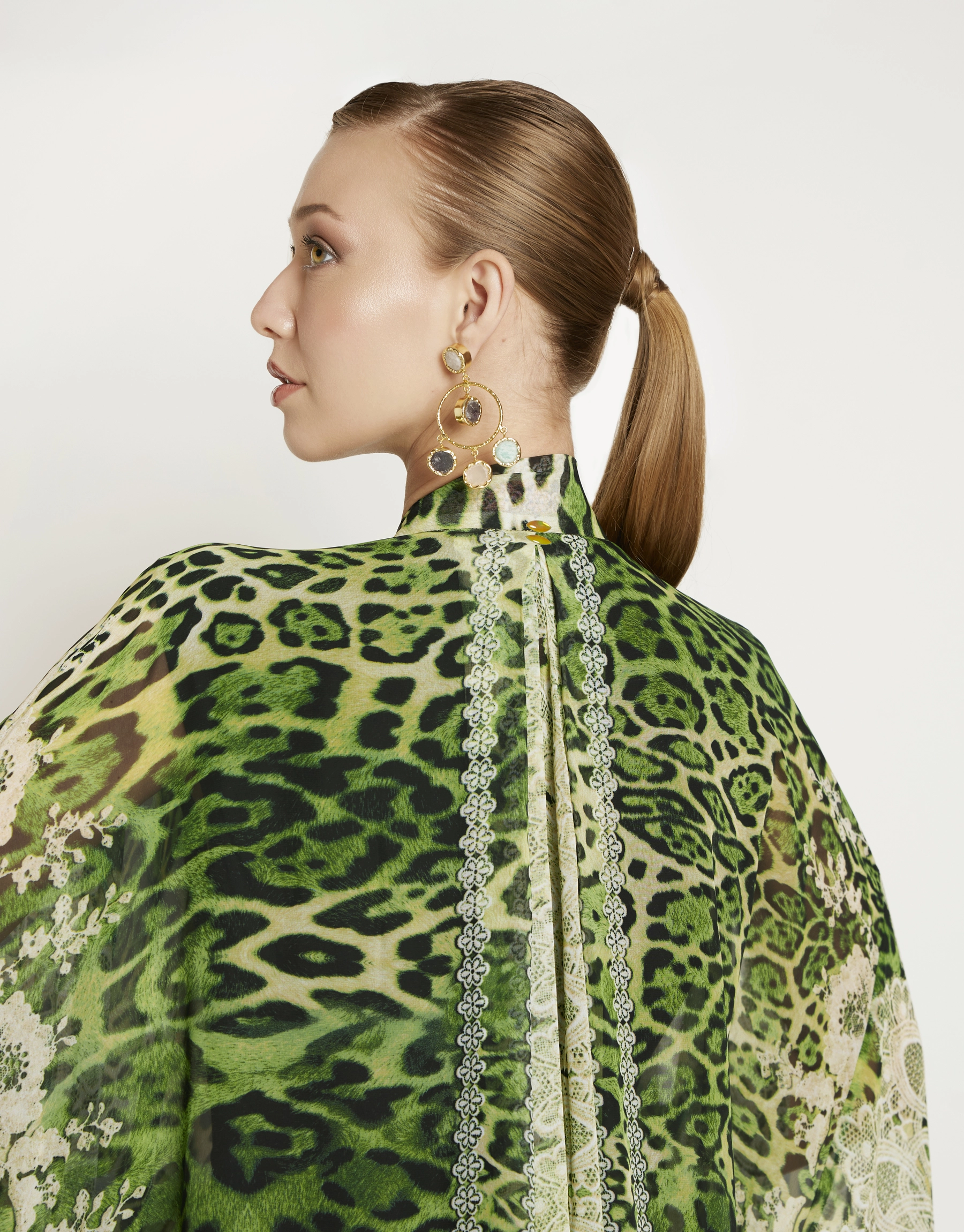 Secret Garden kimono back detail Close-up of back drape and fabric on Secret Garden kimono highlighting graceful movement