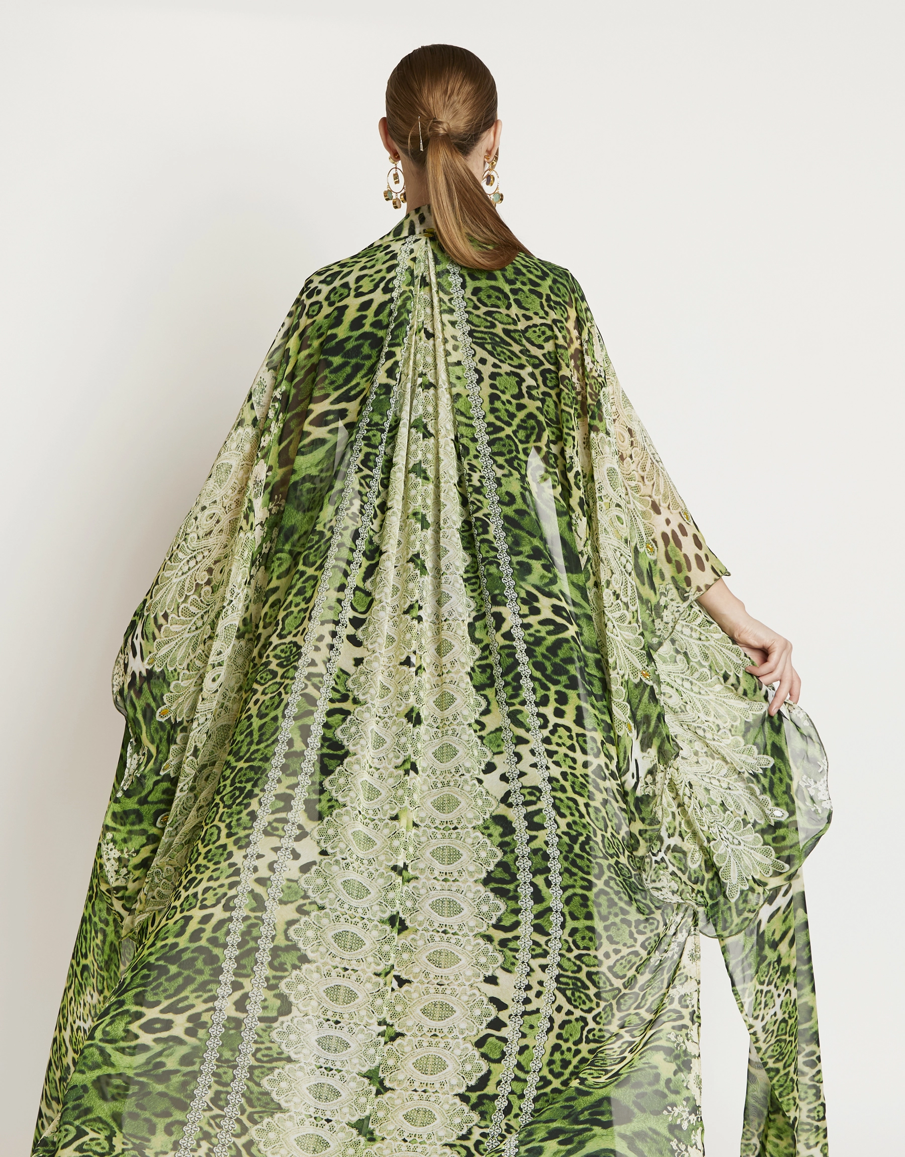 Secret Garden kimono back view Secret Garden kimono back view with flowing silhouette and soft layered drape